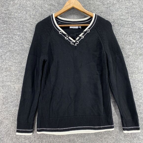 Calvin Klein Sweater Pullover Women M Medium Black Knit V-Neck Long Sleeve - Picture 4 of 9